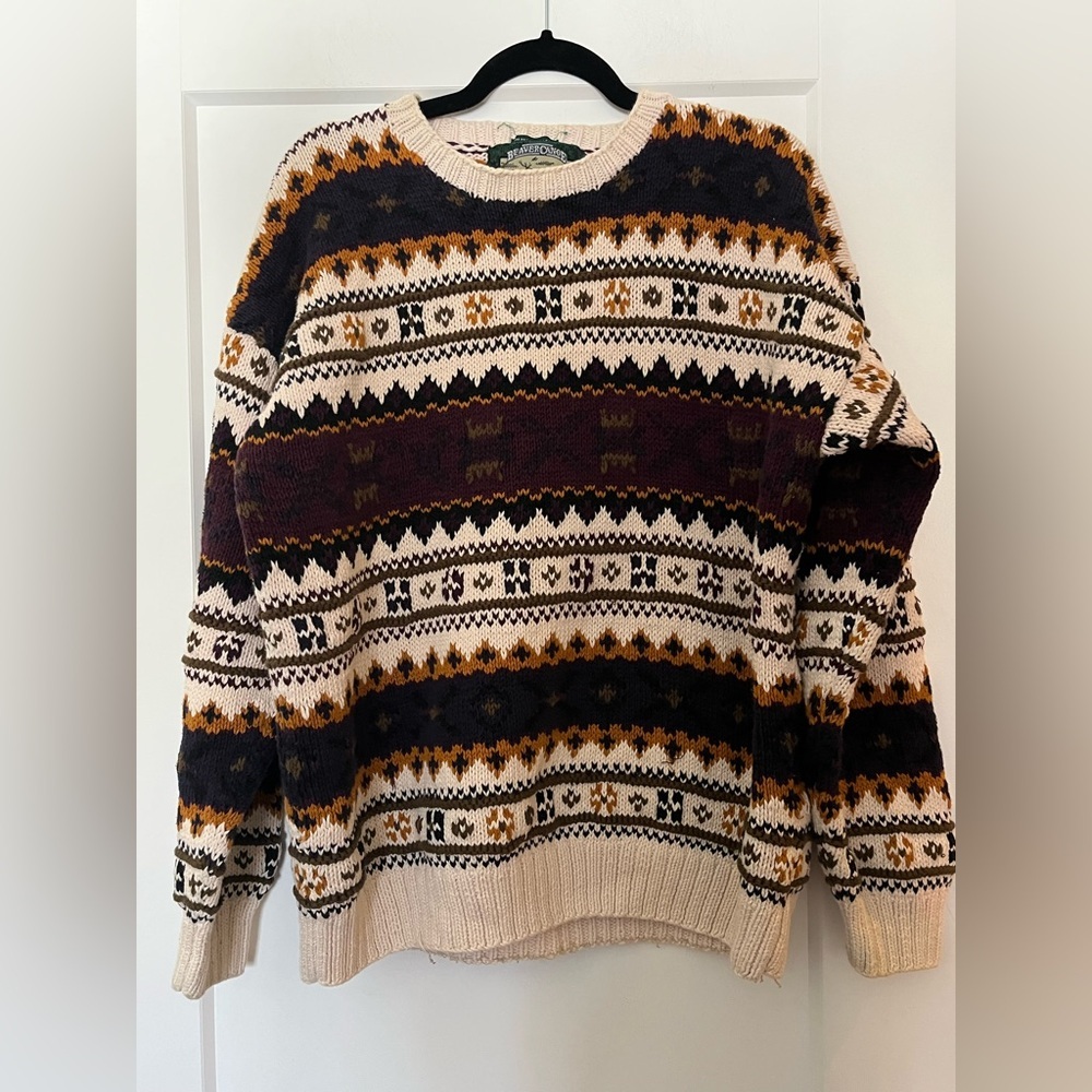 Vintage 90s Beaver Canoe 💯 Cotton Handknit  Fair Isle Unisex Sweater M